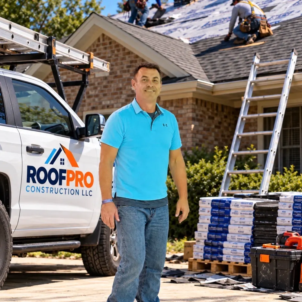 Robert Booker, owner of RoofPro Construction LLC, beside a RoofPro truck at a roofing job
